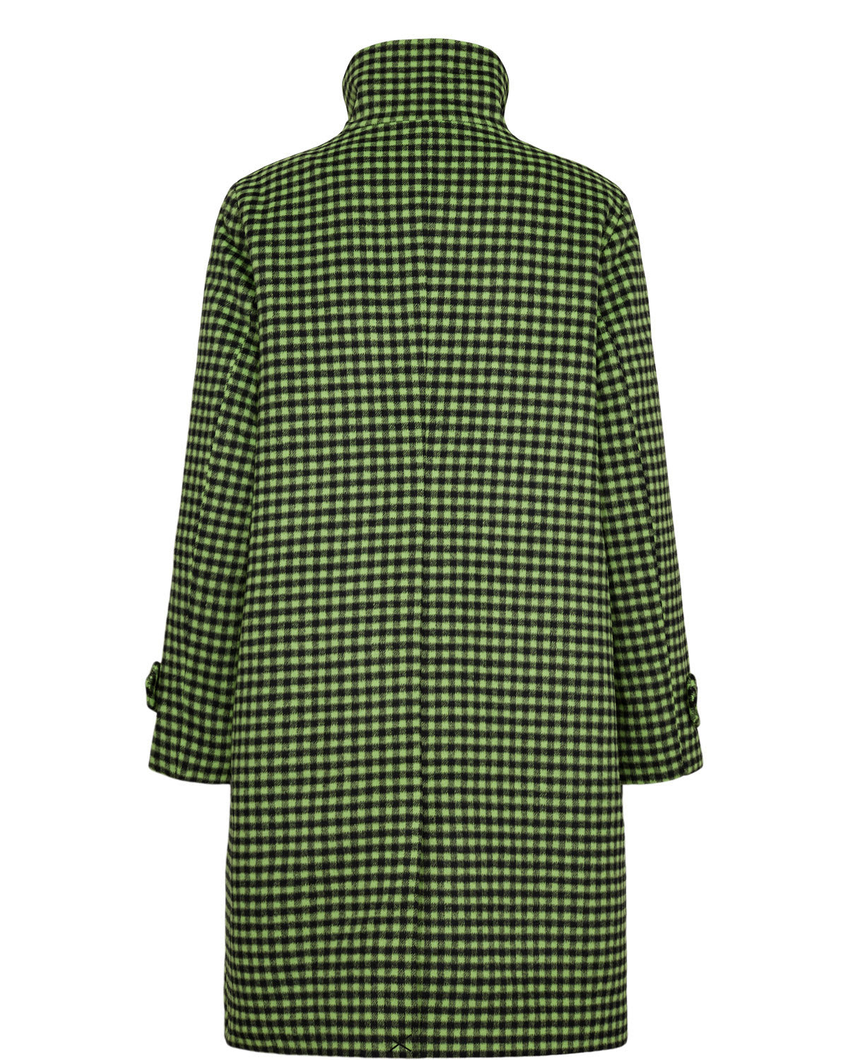 A green and black gingham check coat with a high collar, shown from the back against a plain white background.