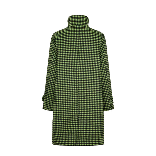 A green and black gingham check coat with a high collar, shown from the back against a plain white background.
