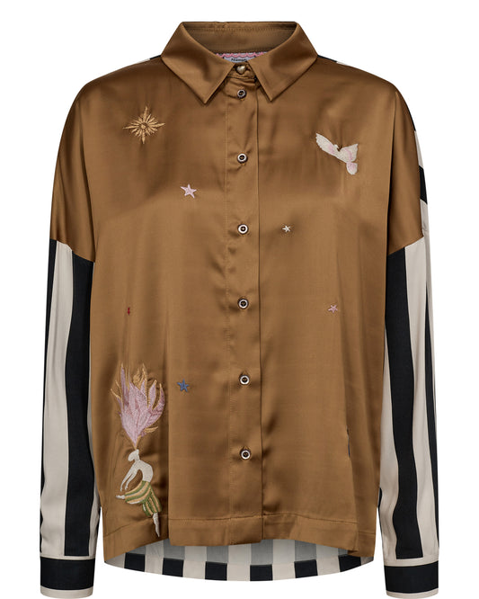 Brown satin shirt with embroidered designs on a white background