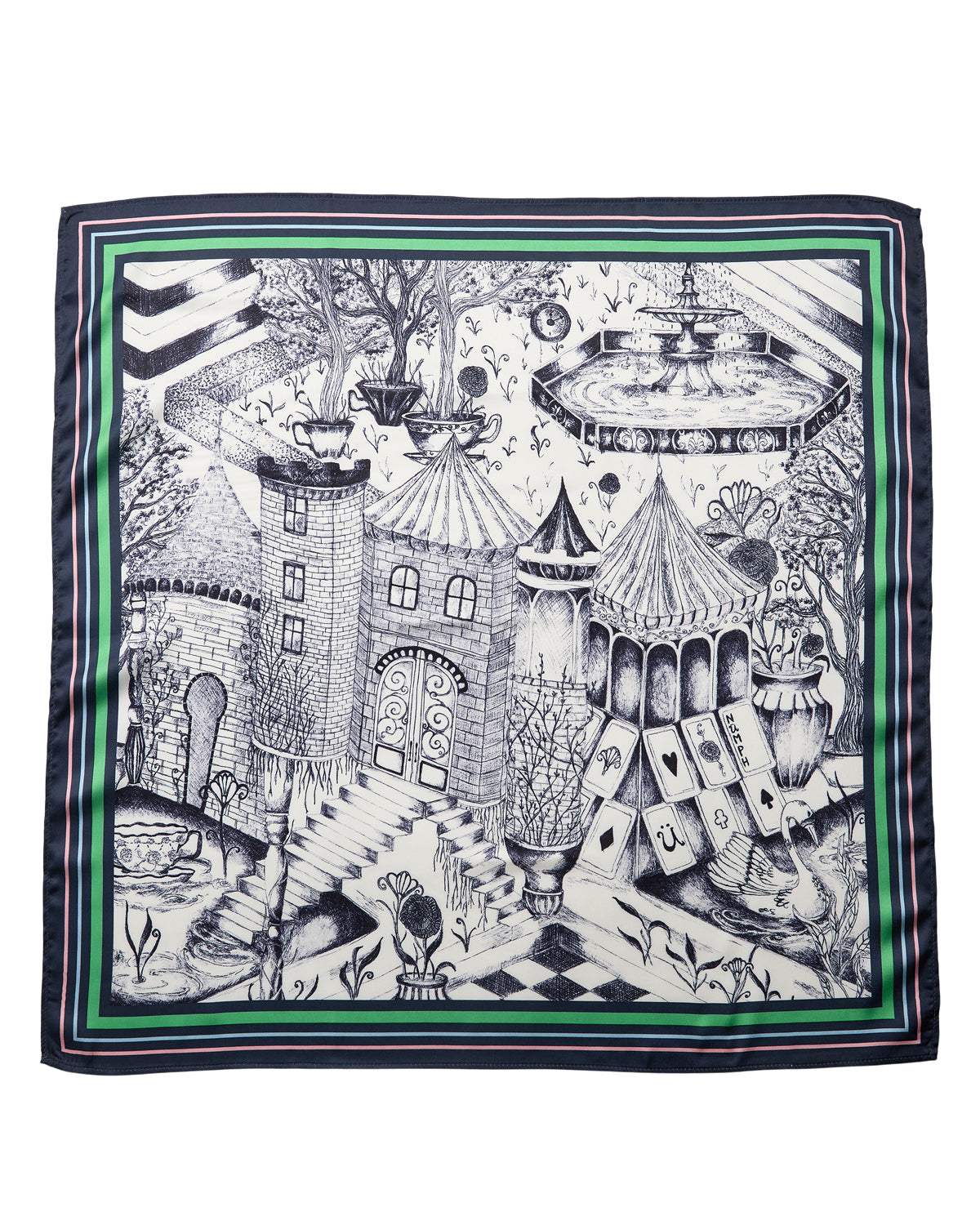 Square scarf with fantasy-themed design featuring castles, towers, and a fountain on a white background.