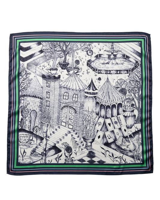 Square scarf with fantasy-themed design featuring castles, towers, and a fountain on a white background.