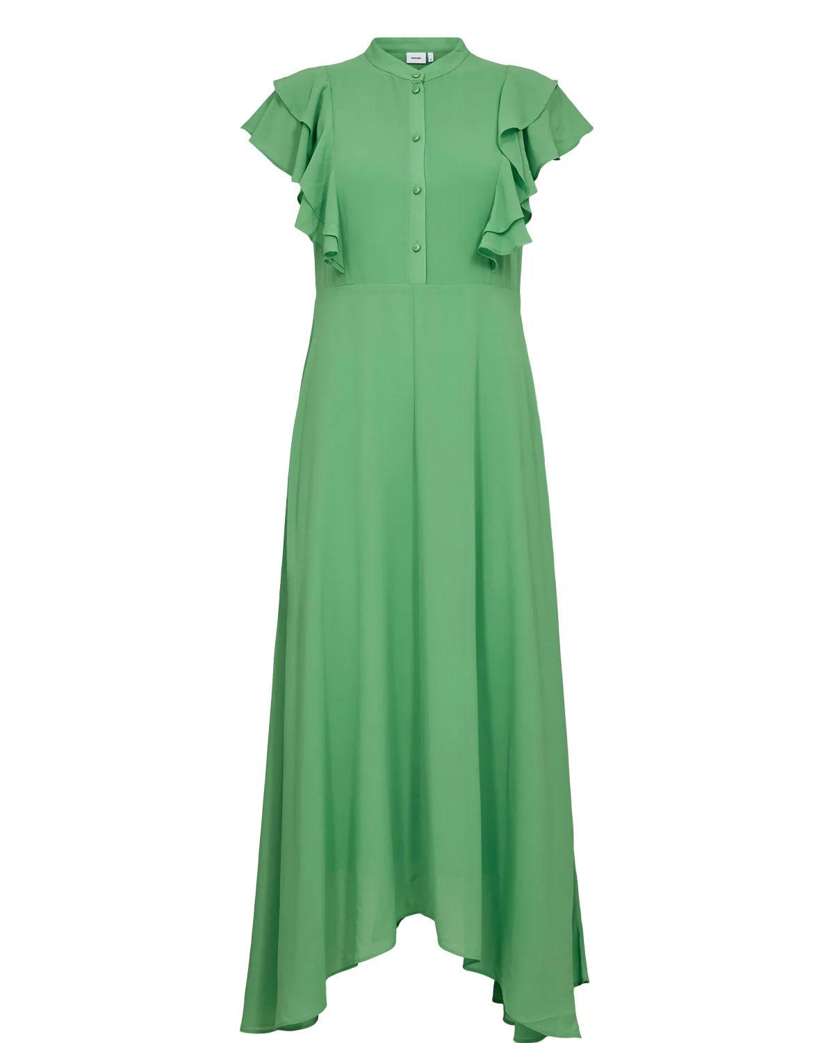 Green dress with ruffled sleeves on a white background