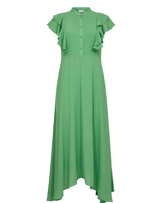 Green dress with ruffled sleeves on a white background