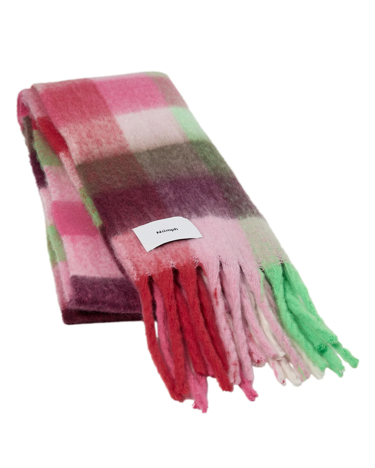 Plaid blanket with pink, green, and brown colors on a white background