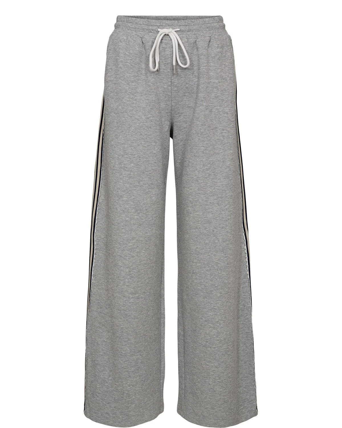 Gray sweatpants with a drawstring and side stripes on a white background