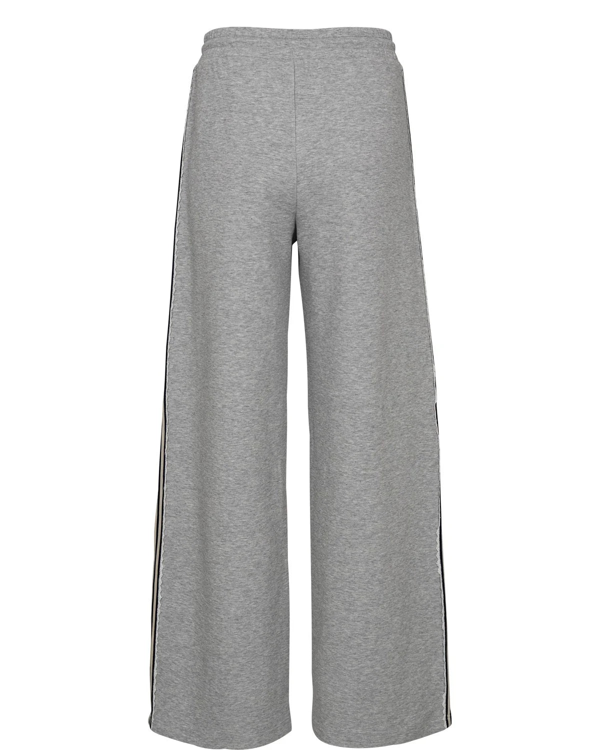 A pair of wide-leg sweatpants in heather gray, featuring black double stripes running down the sides, shown against a plain white background.