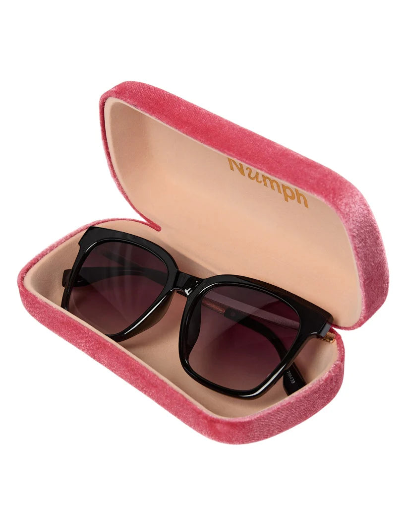 Black sunglasses in a pink case with 'Niumph' branding on a white background
