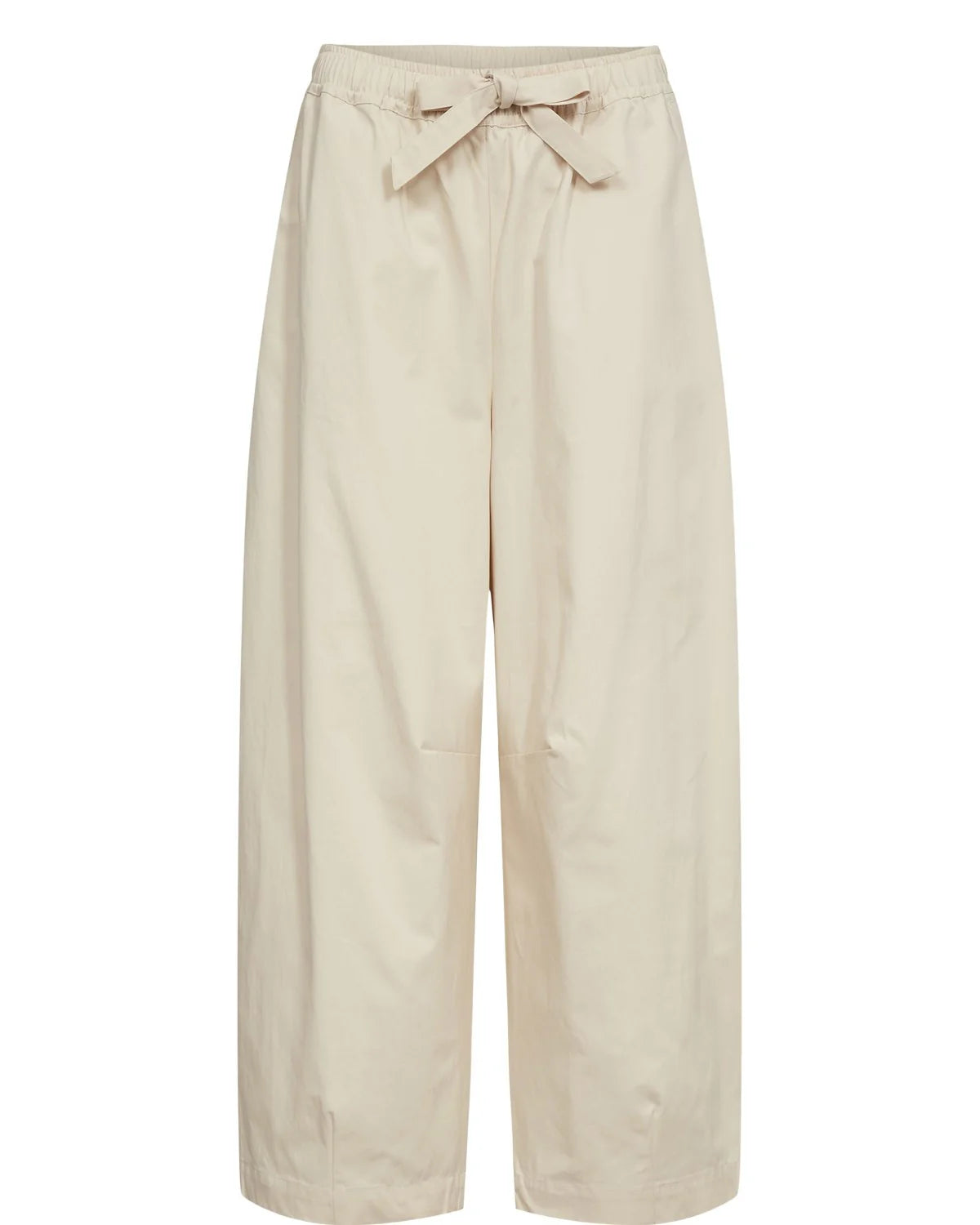 Beige wide-leg pants with a tie waist on a white background