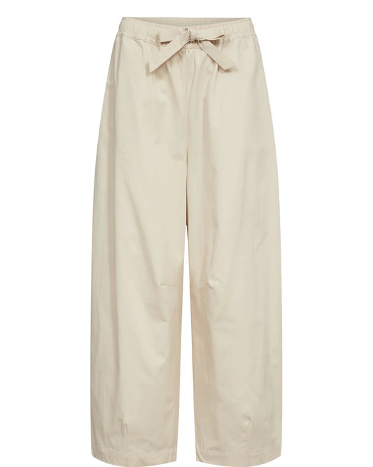 Beige wide-leg pants with a tie waist on a white background