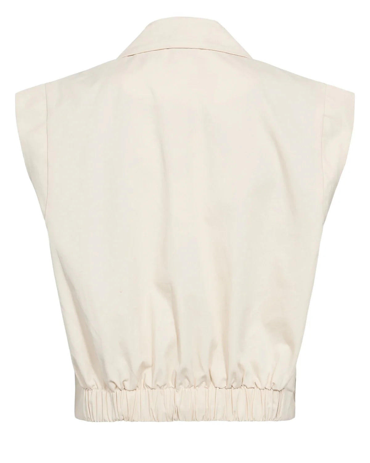 Beige sleeveless top on a mannequin with a white background