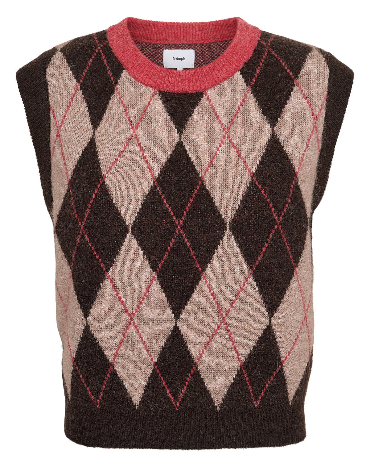 A sleeveless knit sweater vest with an argyle pattern in dark brown, beige, and pink, featuring a pink crew neck collar.