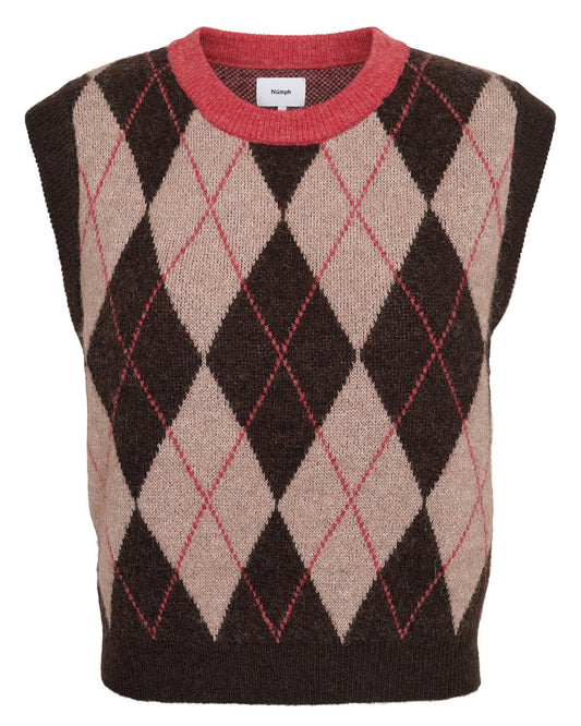 A sleeveless knit sweater vest with an argyle pattern in dark brown, beige, and pink, featuring a pink crew neck collar.