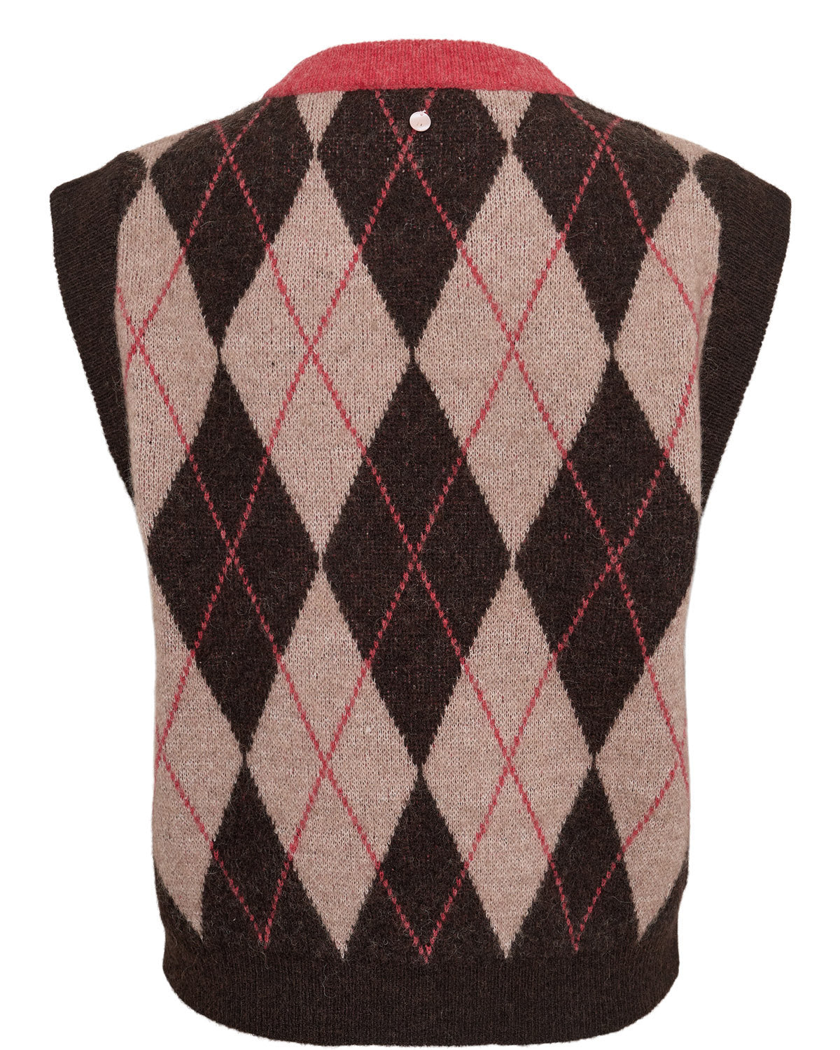 Argyle patterned vest with brown and beige diamonds on a white background
