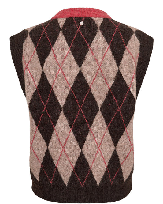 Argyle patterned vest with brown and beige diamonds on a white background