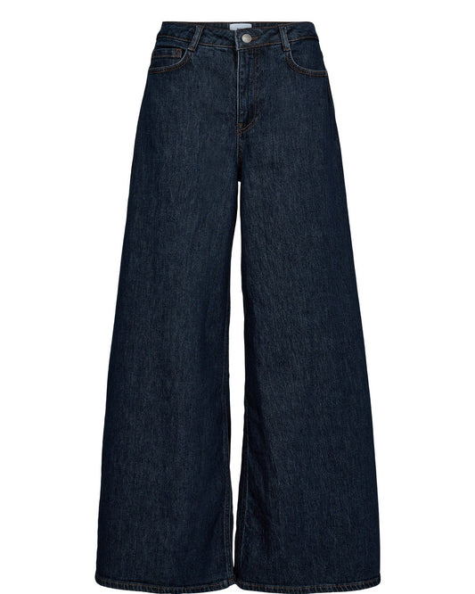 Dark blue wide-leg jeans on a white background