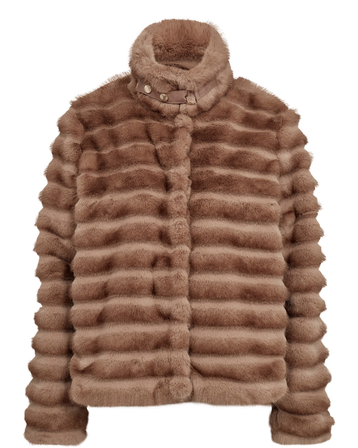 A brown striped fur jacket with a high collar and decorative buttons, shown against a plain white background.