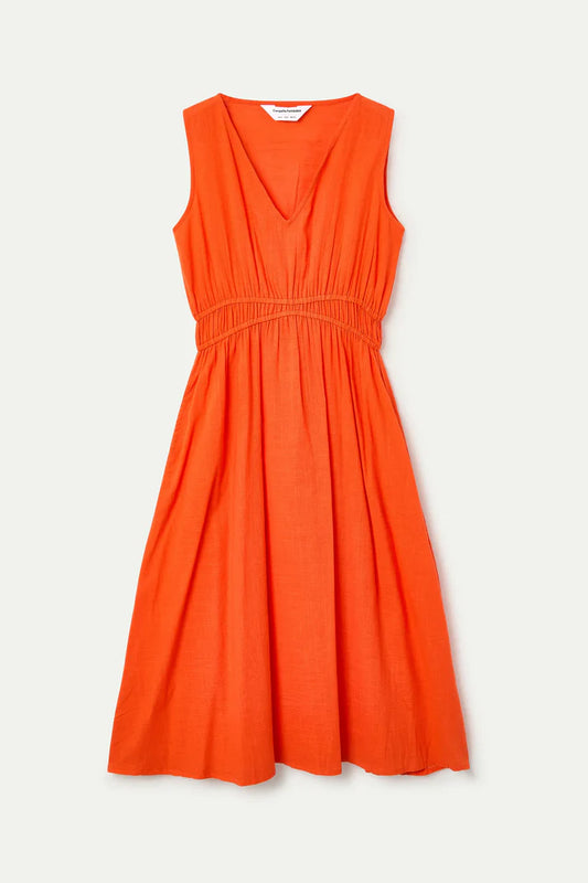 Orange sleeveless dress on a light gray background