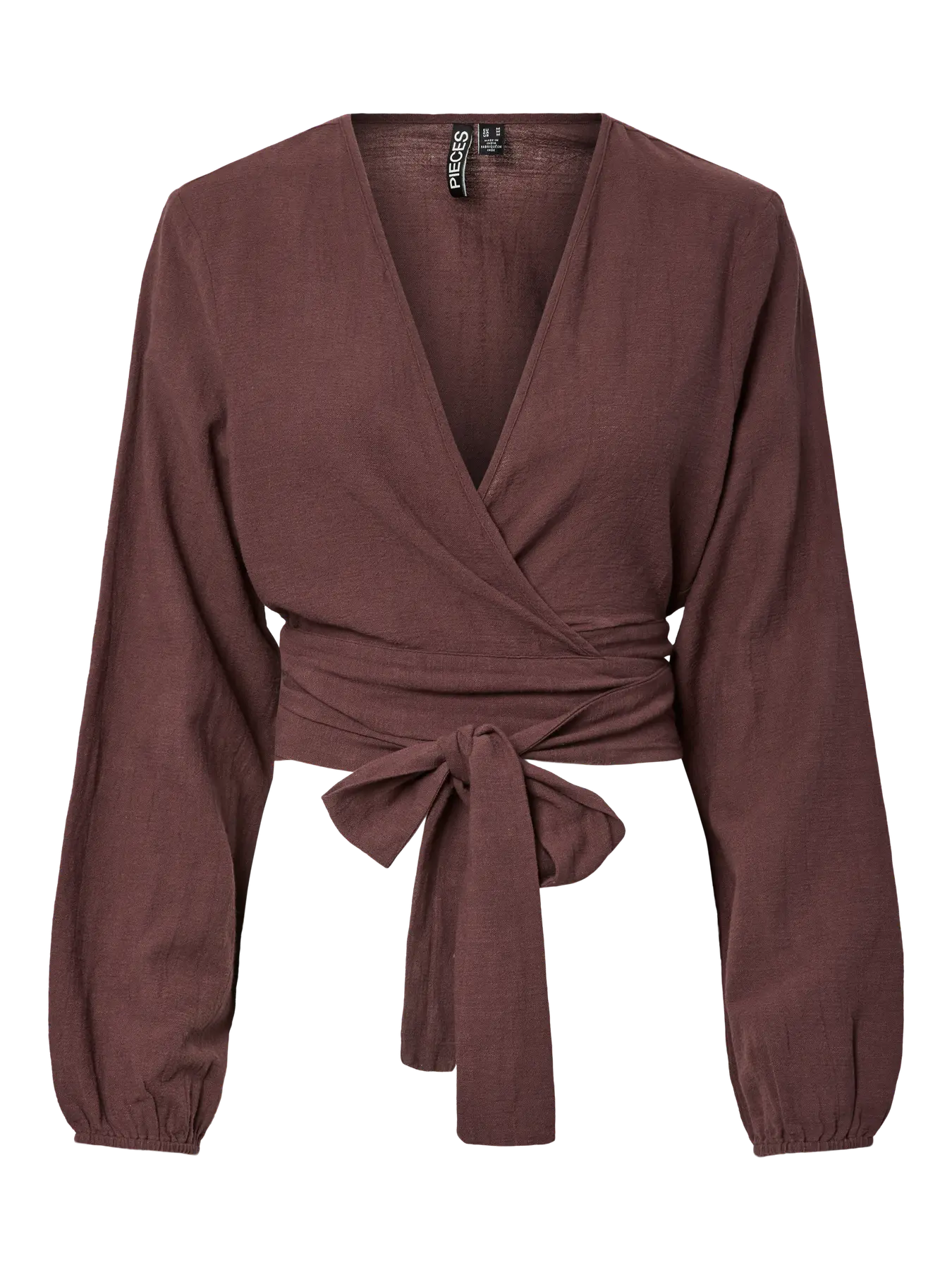Brown textured top with long sleeves and a tie detail on a plain background