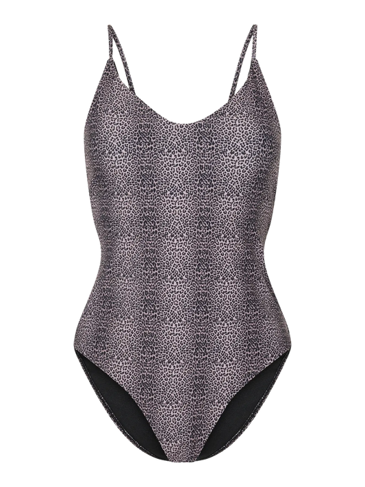 One-piece swimsuit with animal print on a white background