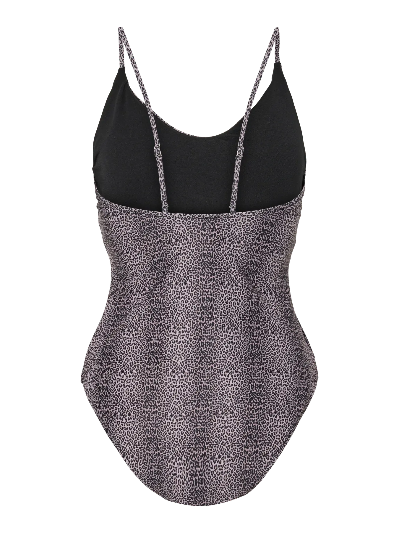 One-piece swimsuit with black top and patterned skirt on a white background