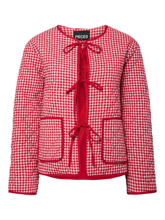 Red and white checkered jacket with a bow detail on a white background