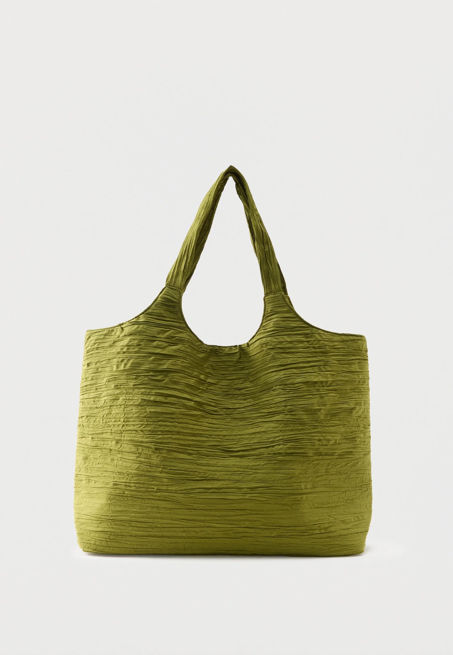 An olive green crinkled fabric tote bag with two shoulder straps, shown against a plain light gray background.