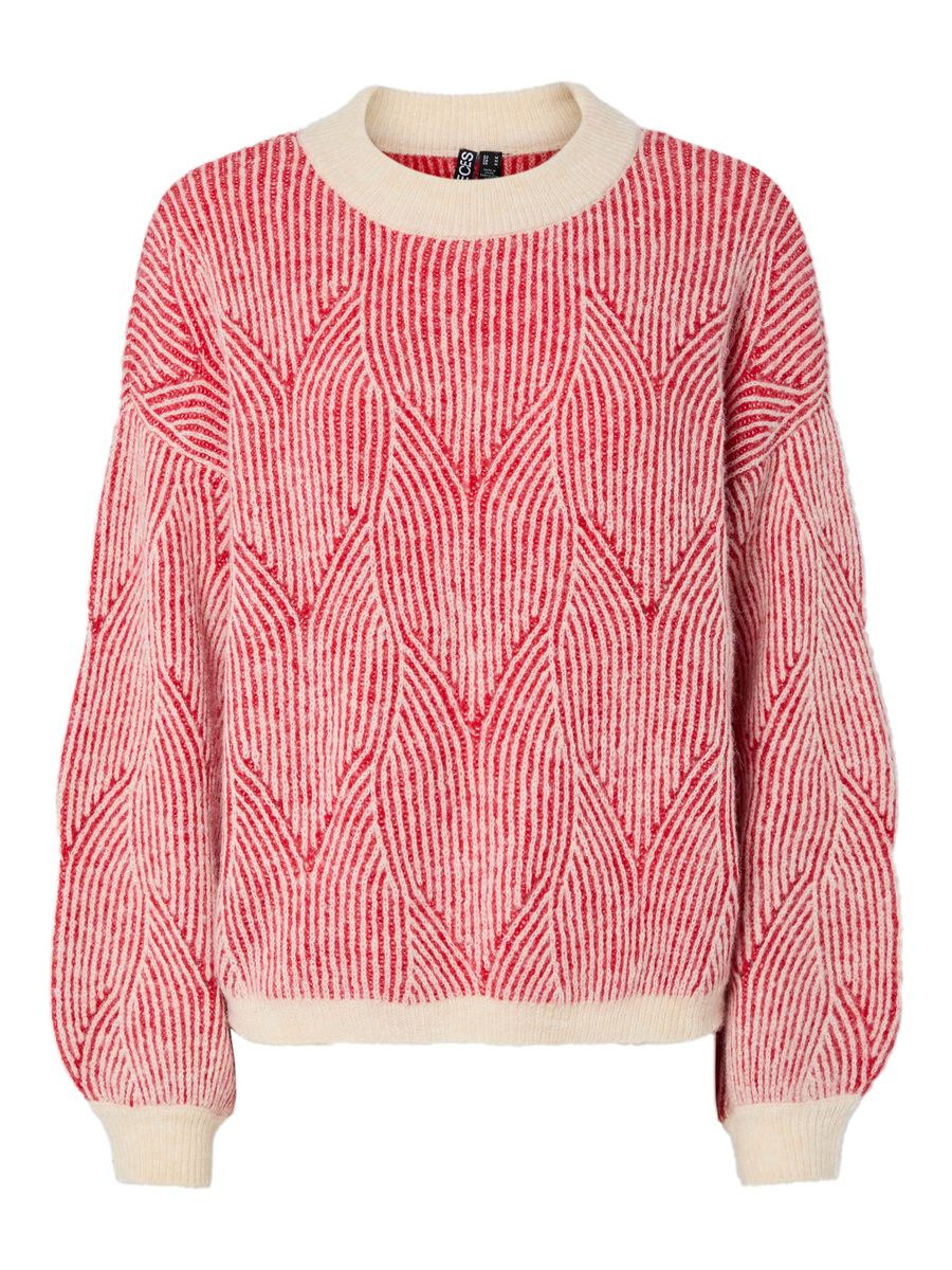 Red and white patterned sweater on a white background