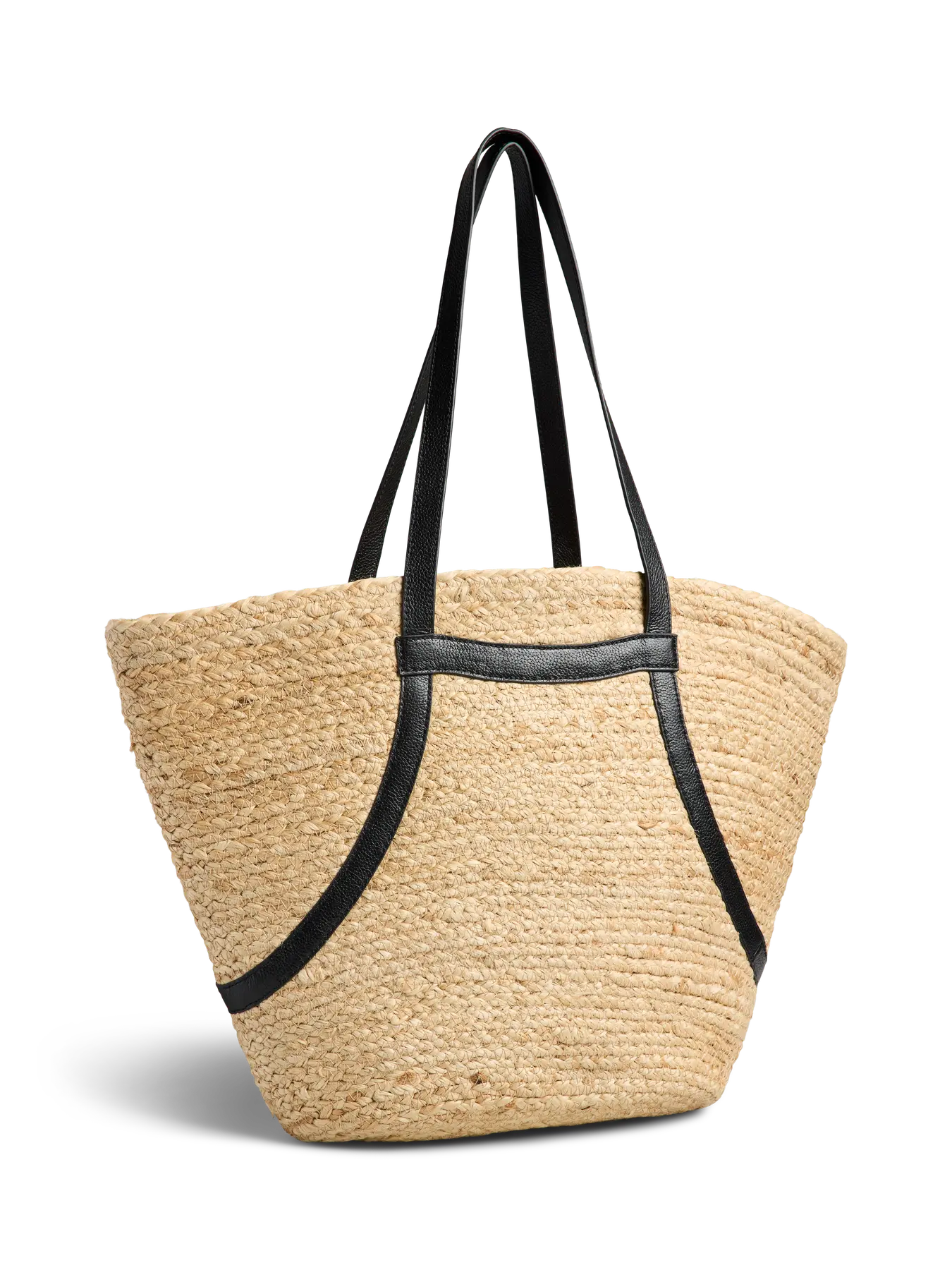 Beige straw tote bag with black straps on a white background