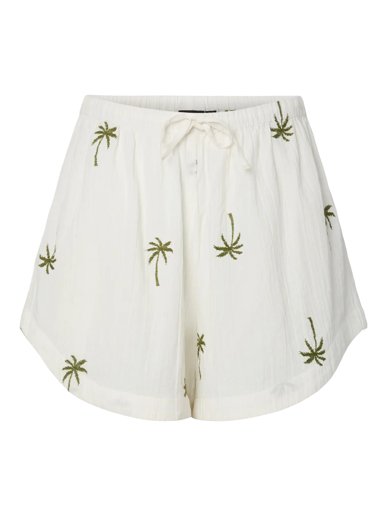 White shorts with green leaf patterns on a white background
