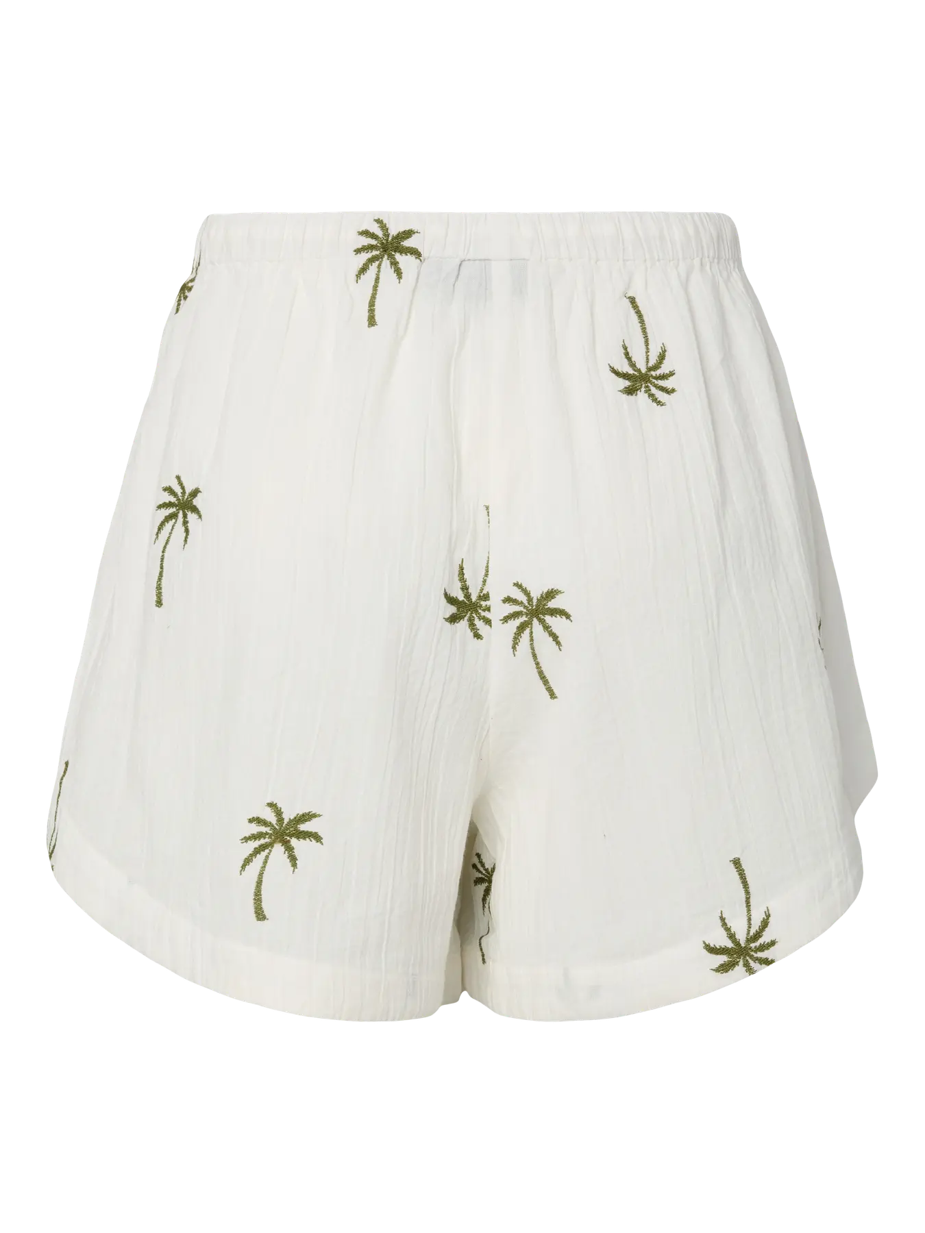 White shorts with green palm tree patterns on a white background