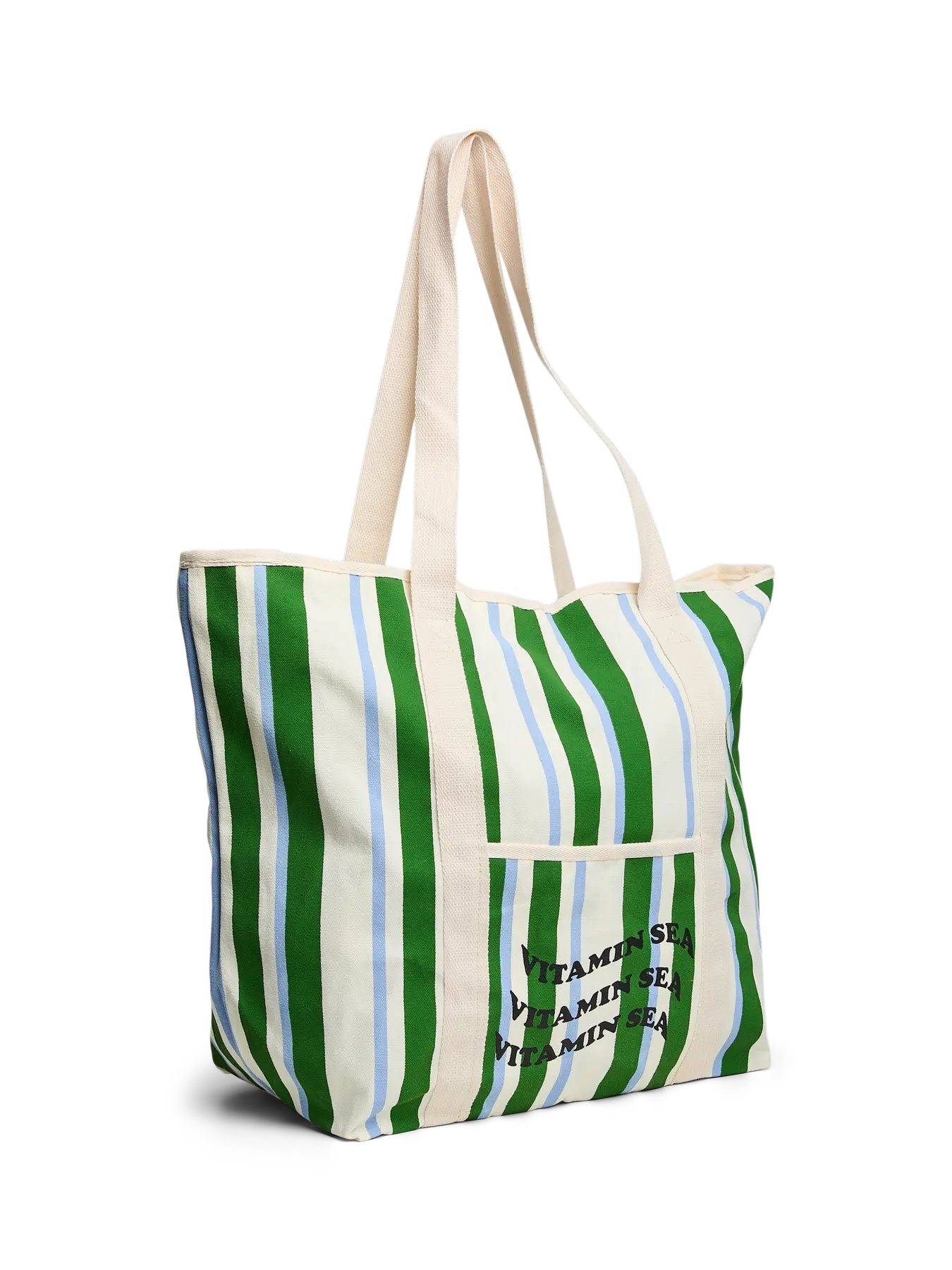 Striped tote bag with text on a white background