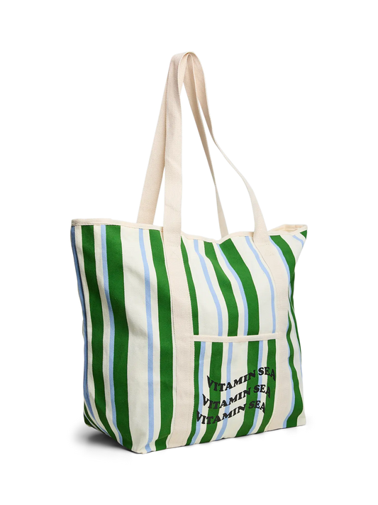 Striped tote bag with text on a white background