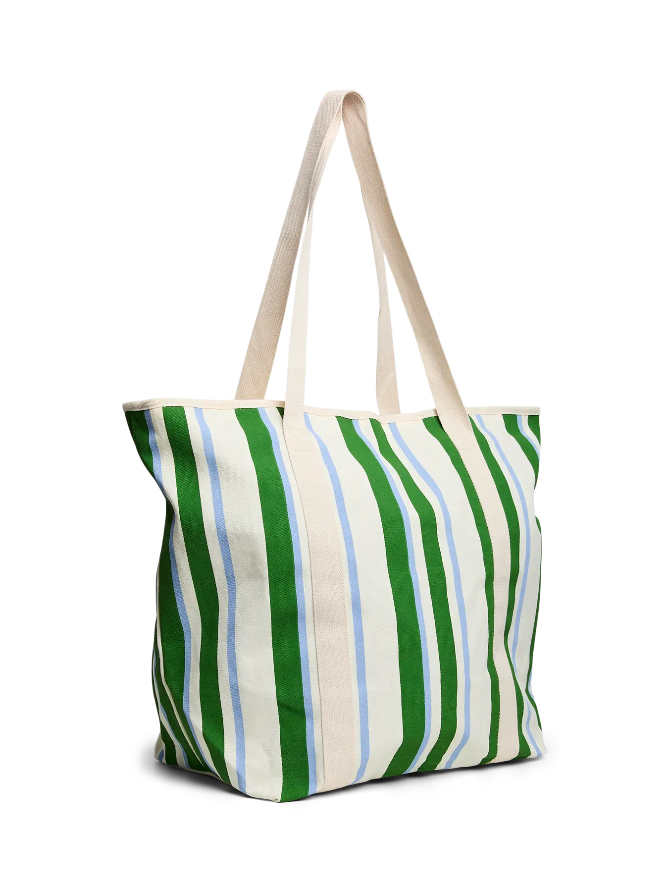 Striped tote bag with green, white, and blue pattern on a white background