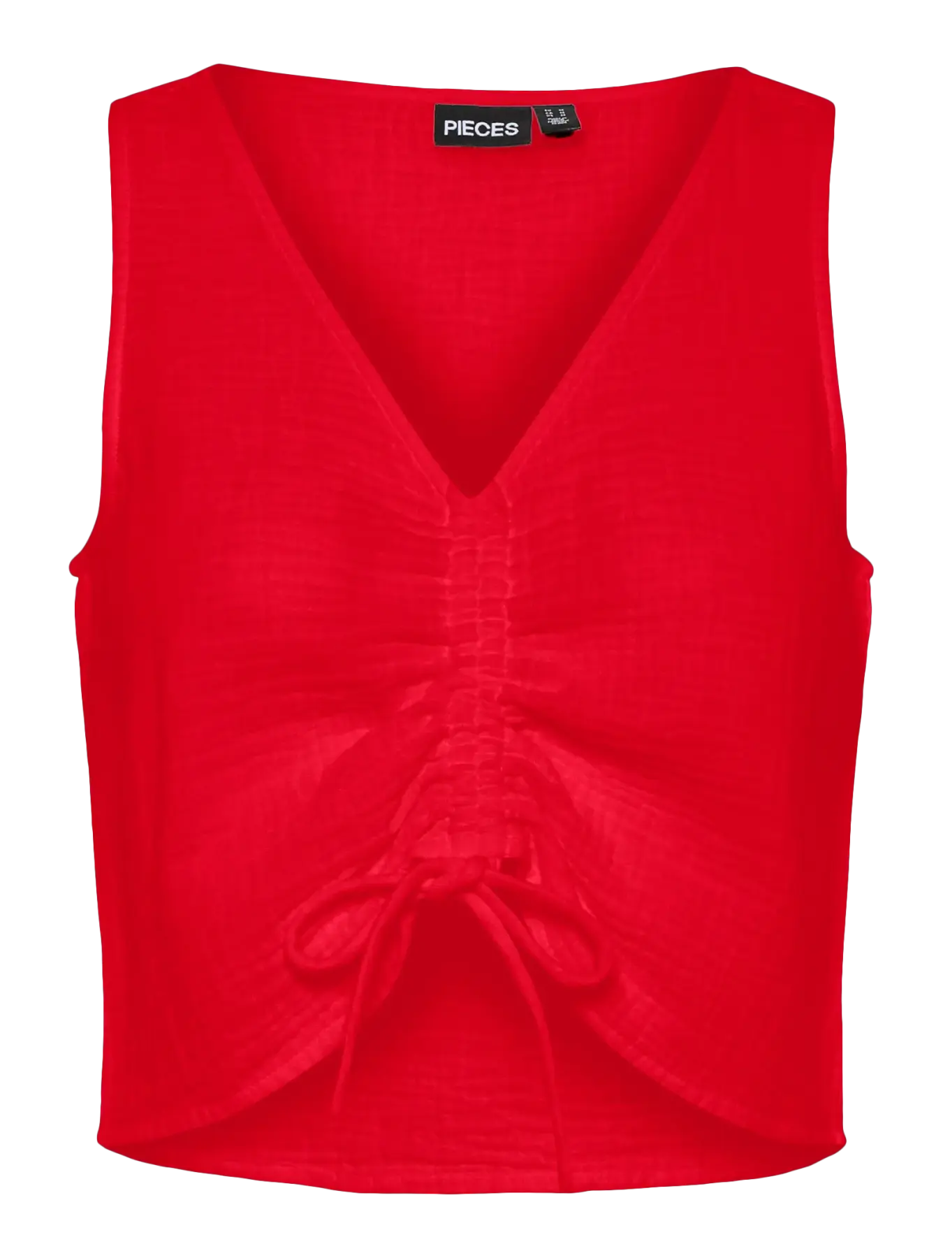 Red sleeveless top with a tie detail on a white background