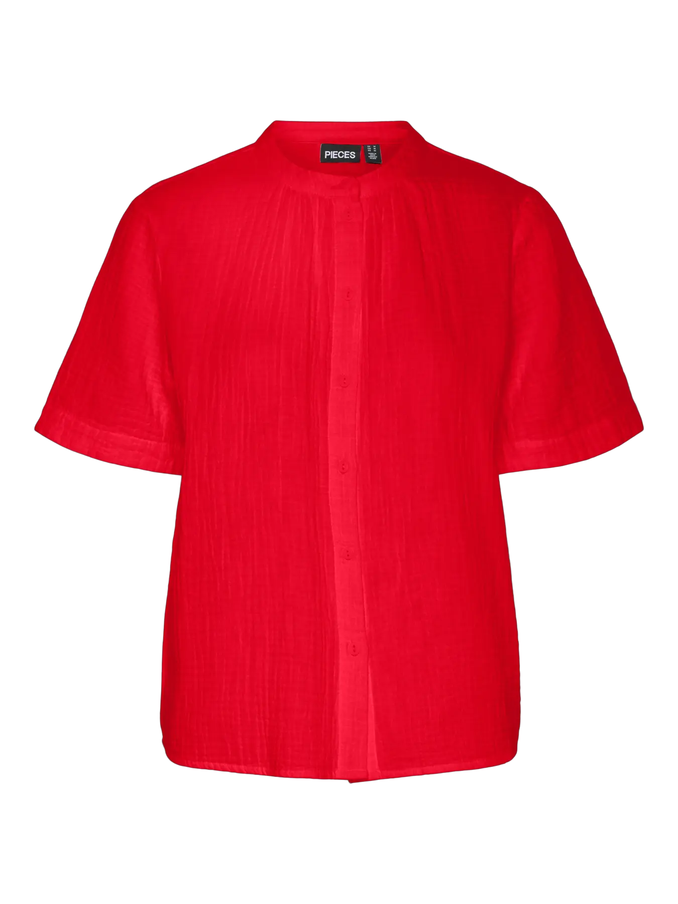 Red shirt with a brand label on a white background