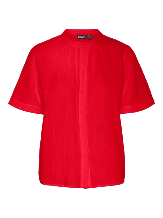 Red shirt with a brand label on a white background