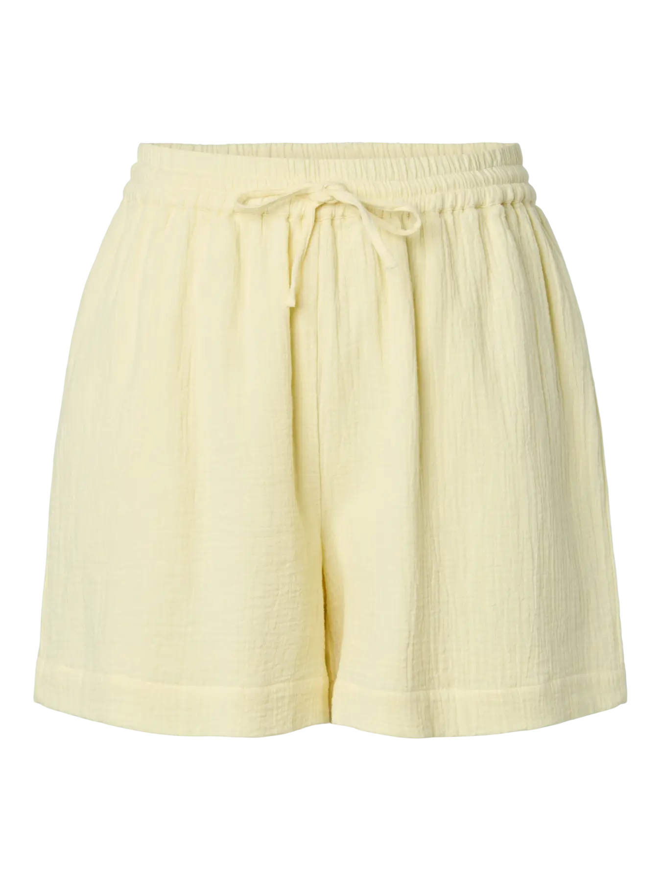 Light yellow shorts with a tie waist on a white background
