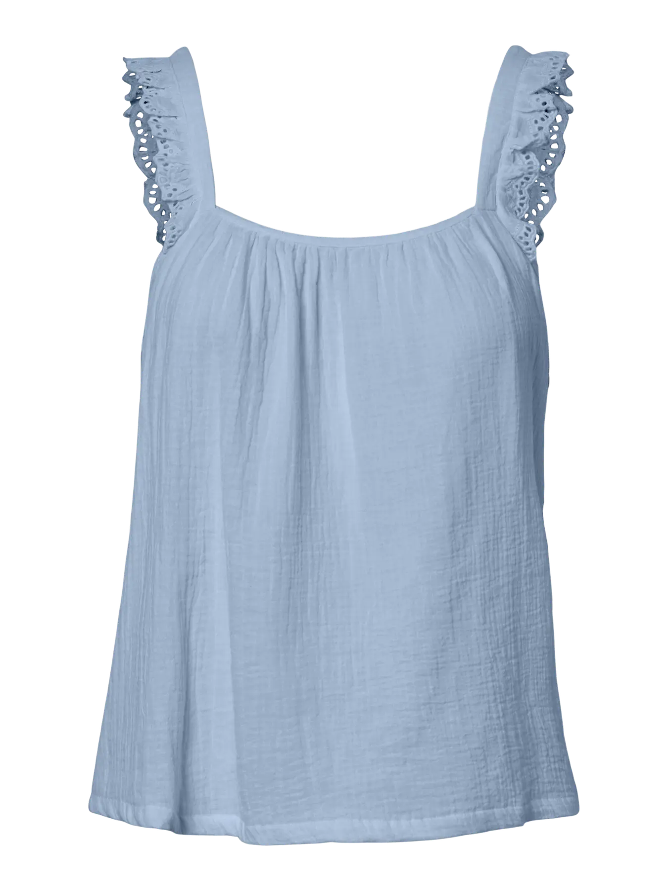 Light blue sleeveless top with lace details on a white background