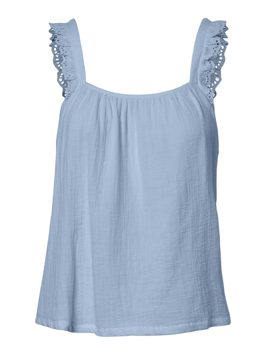 Light blue sleeveless top with lace details on a white background