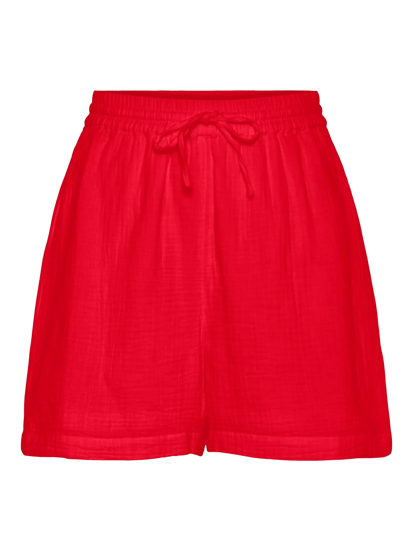Red shorts with a drawstring on a white background