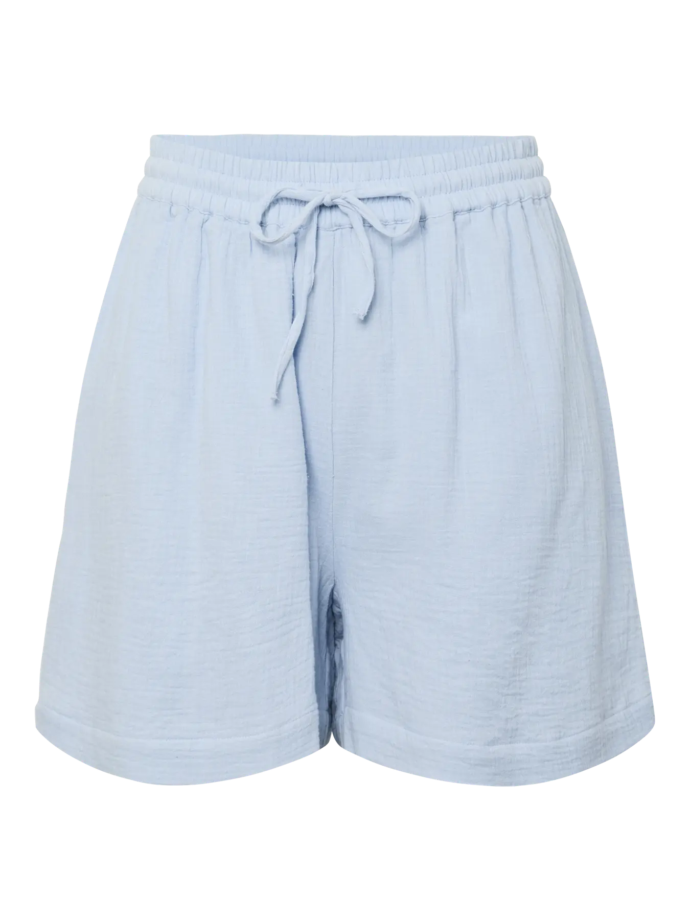 Light blue shorts with a drawstring on a white background