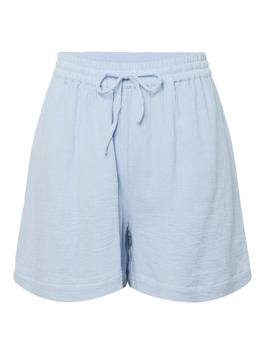 Light blue shorts with a drawstring on a white background