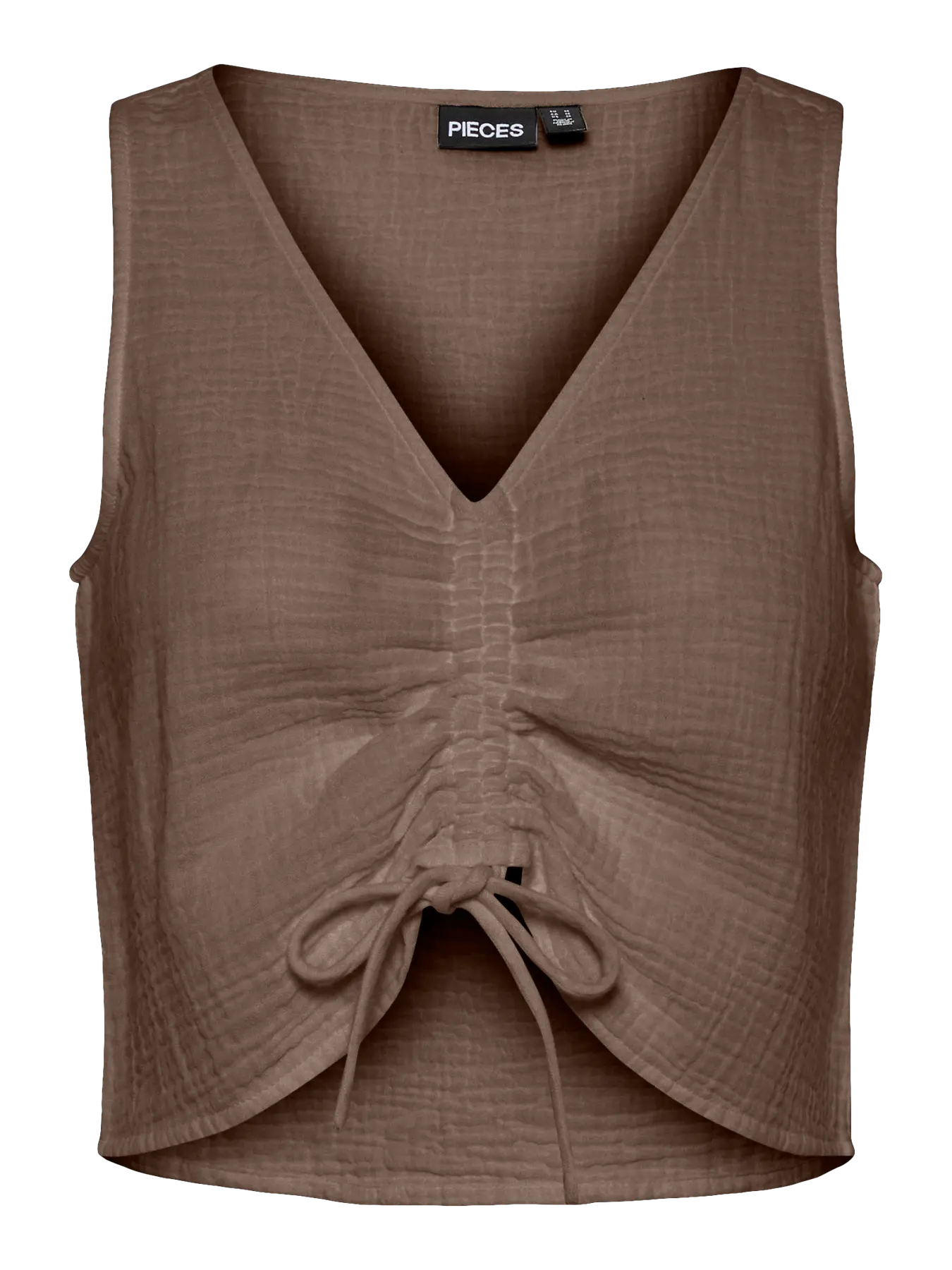 Brown sleeveless top with a tie detail on a white background