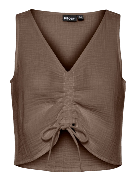 Brown sleeveless top with a tie detail on a white background