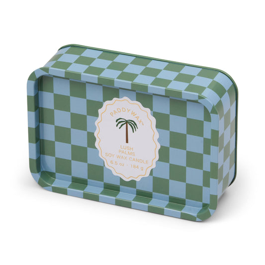 Checkered tin box with a palm tree label on a white background
