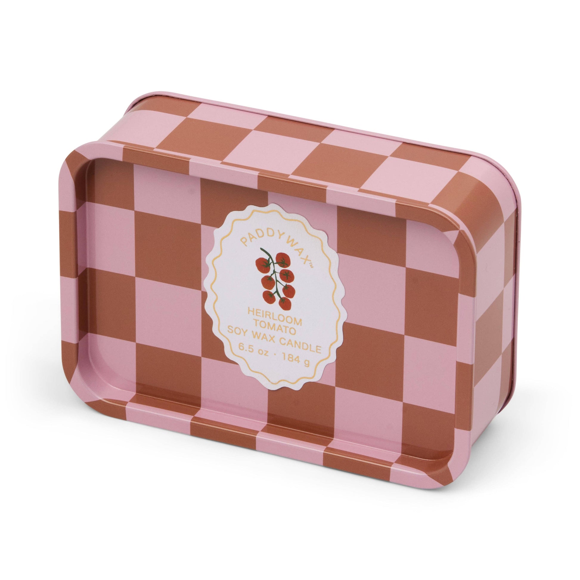 Rectangular tin with pink and brown checkered pattern and a label on a white background