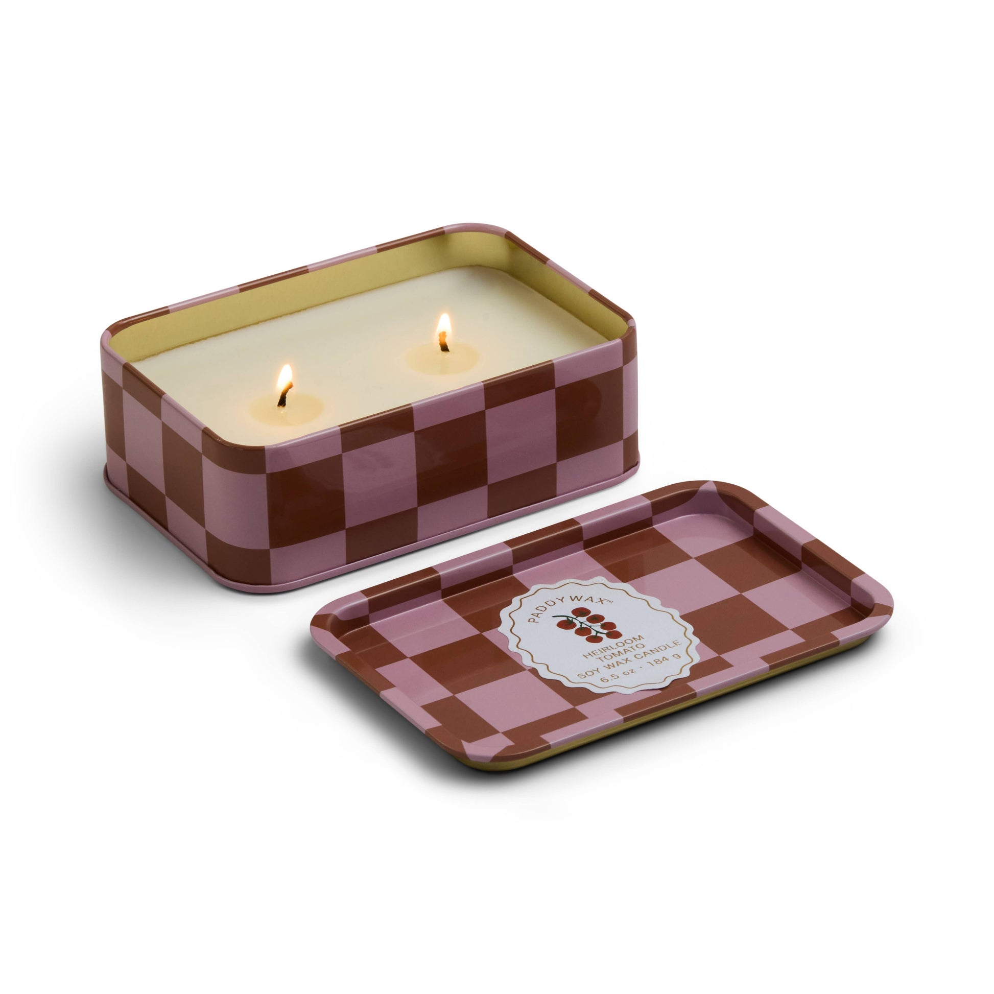 Checkered candle in a tin with a lid on a white background