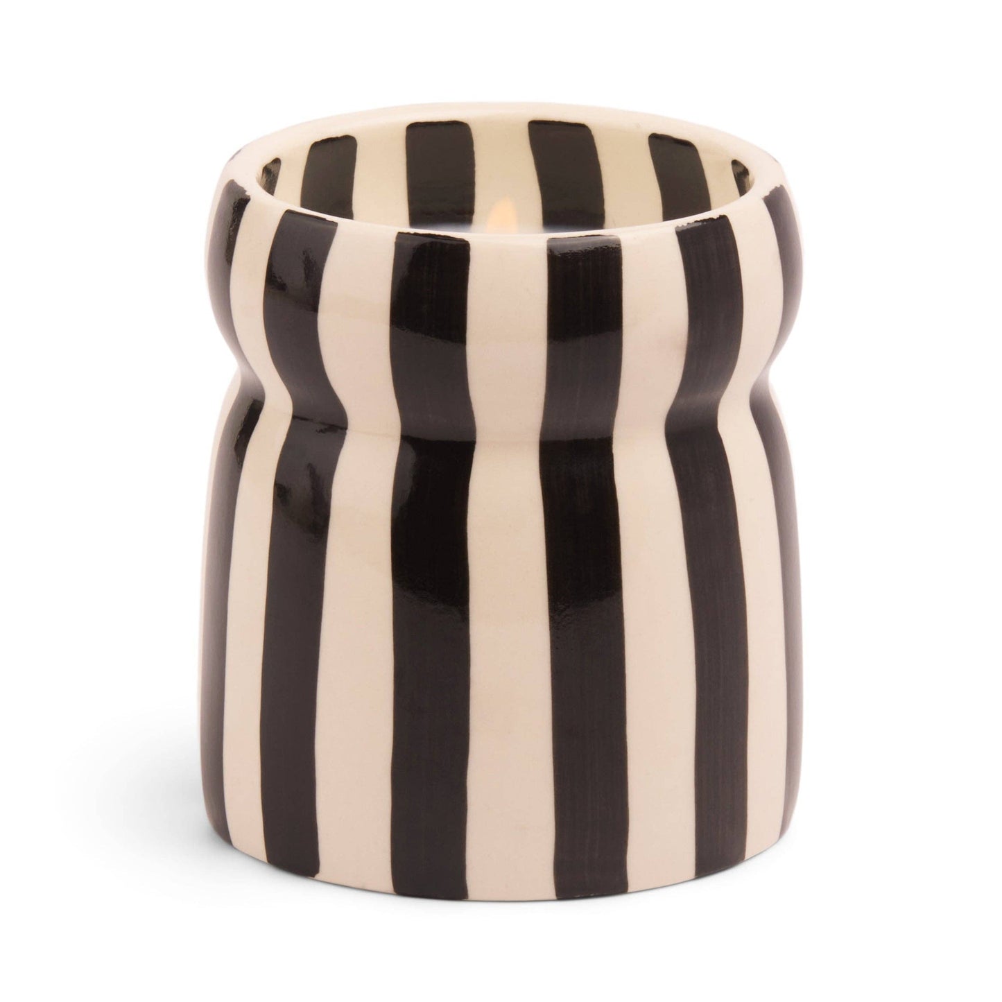 Cylindrical candle holder with black and beige vertical stripes on a white background