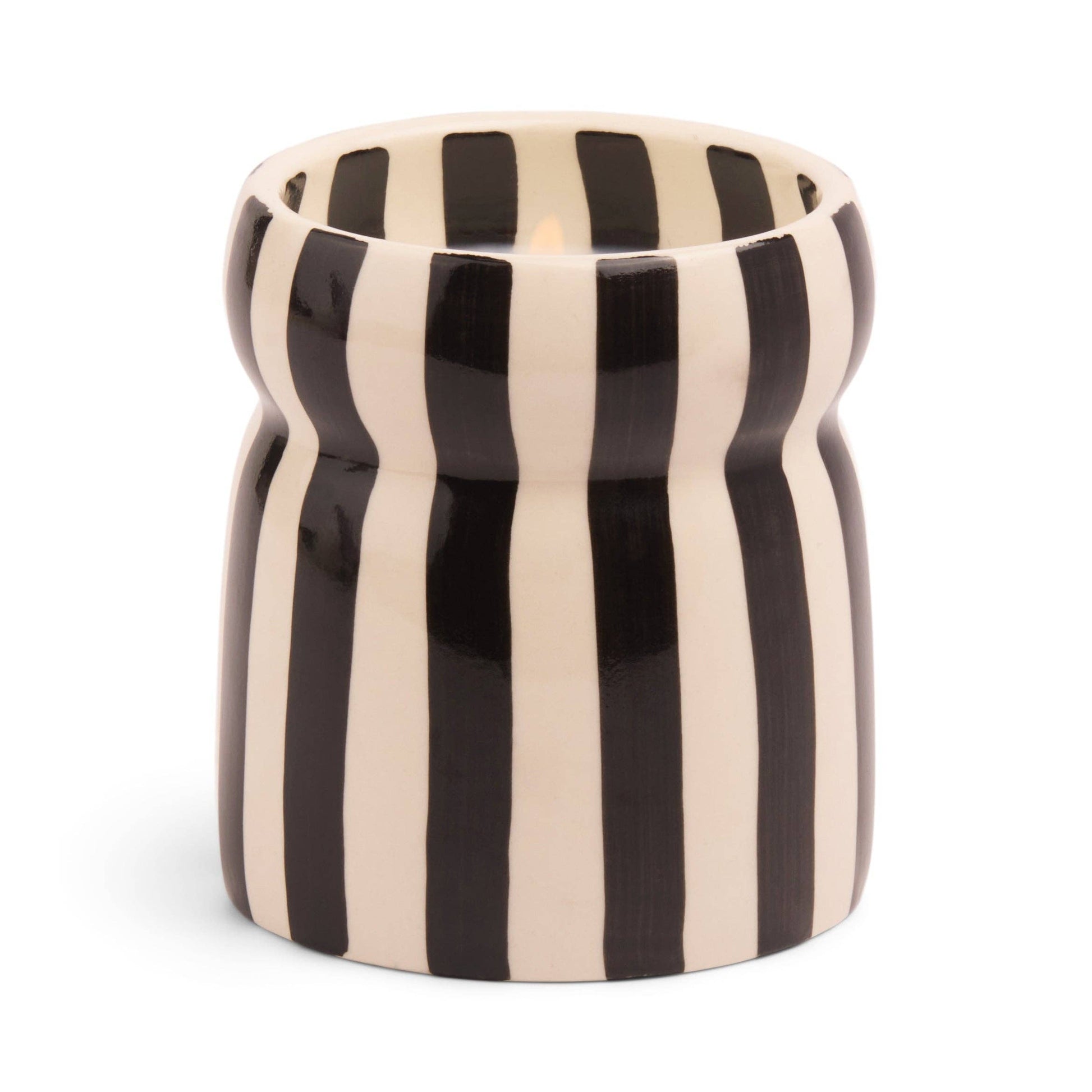 Cylindrical candle holder with black and beige vertical stripes on a white background