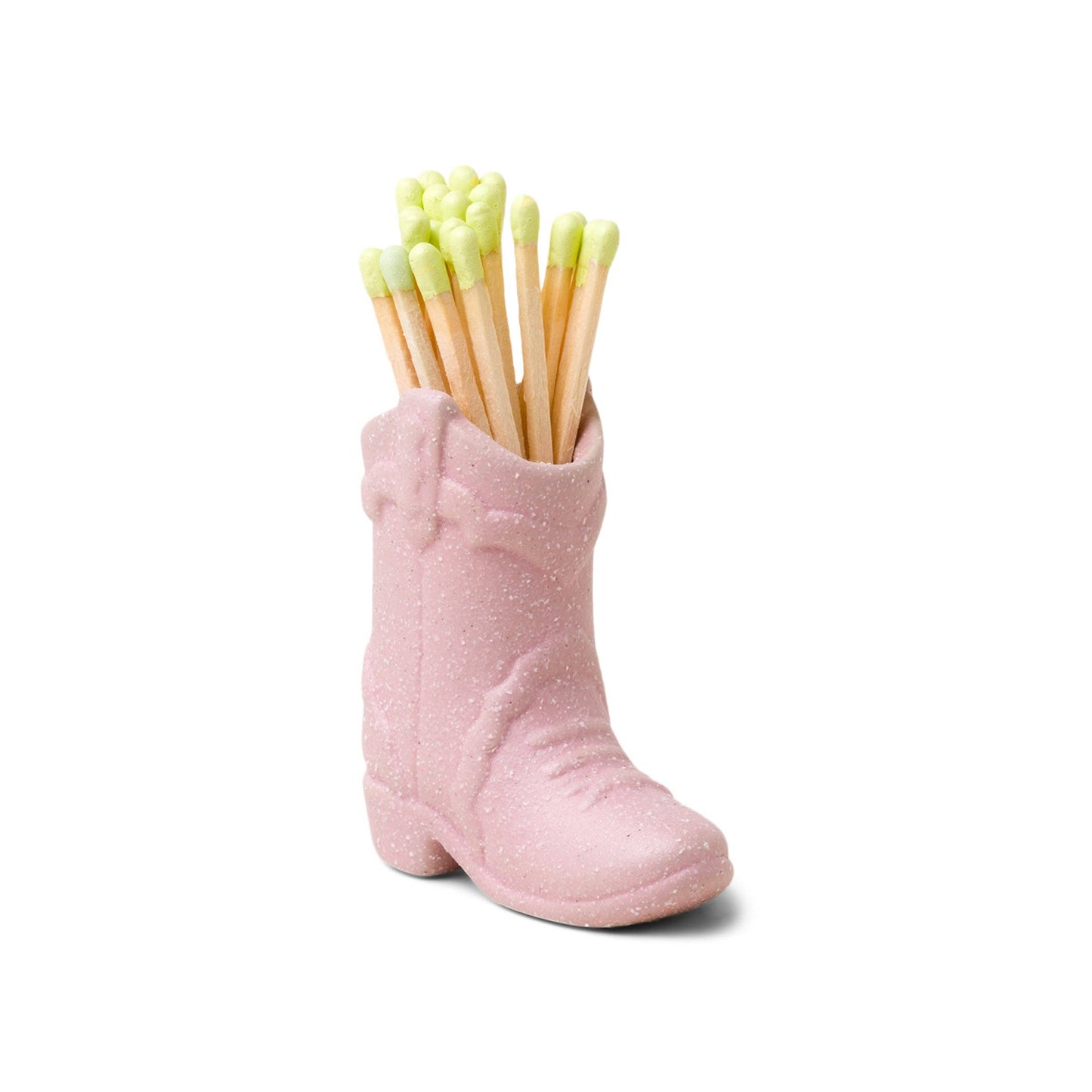 Pink boot with green toothbrushes inside on a white background